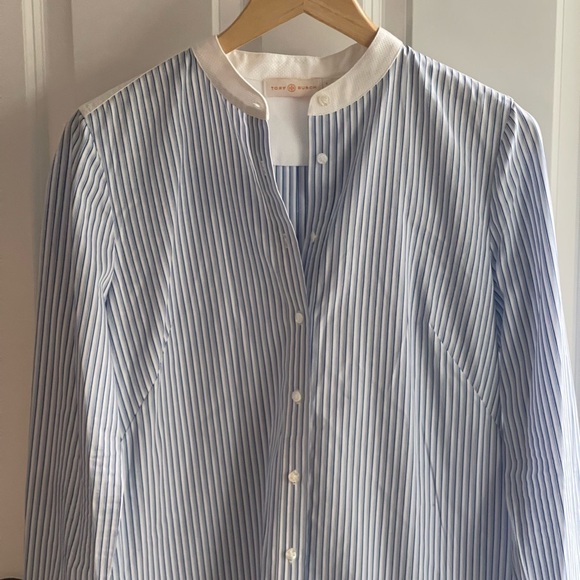 TORY BURCH Cora Cotton Shirt Dress Tunic Blue White Pinstripe Button Down 4 - Picture 7 of 11